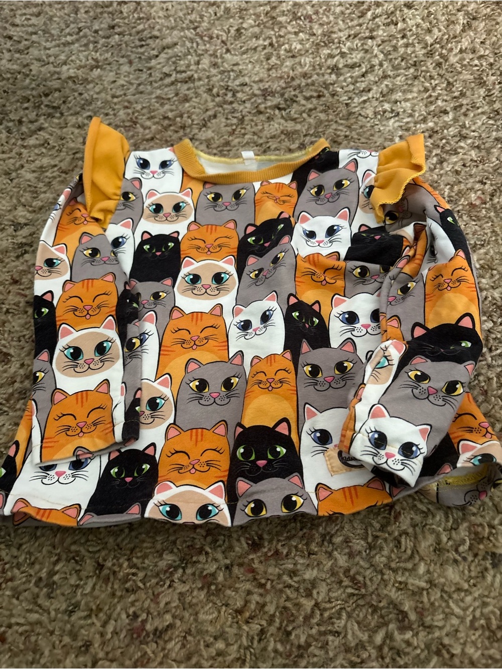 Girls' Long Sleeve Cat-Print Top in Orange, Black & Gray